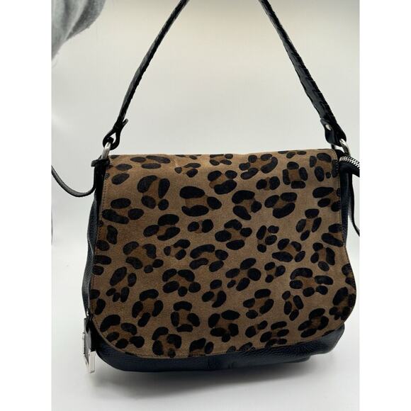 Innue Black Leather Leopard Print Suede Flap Italian Leather Shoulder Bag EUC - Picture 5 of 13